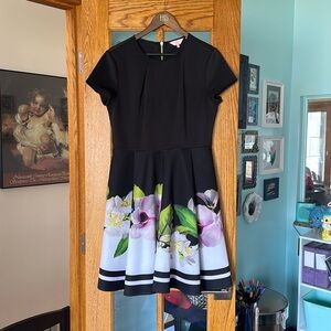 TED BAKER designer black silk floral fit and flare dress TB 4 US 10